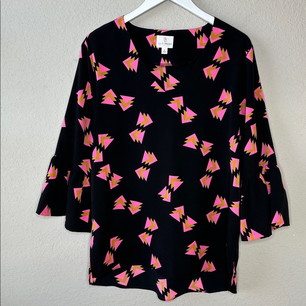 JB by Julie Brown NYC Bell Sleeve Black and Pink Geometric Design Blouse Size 12